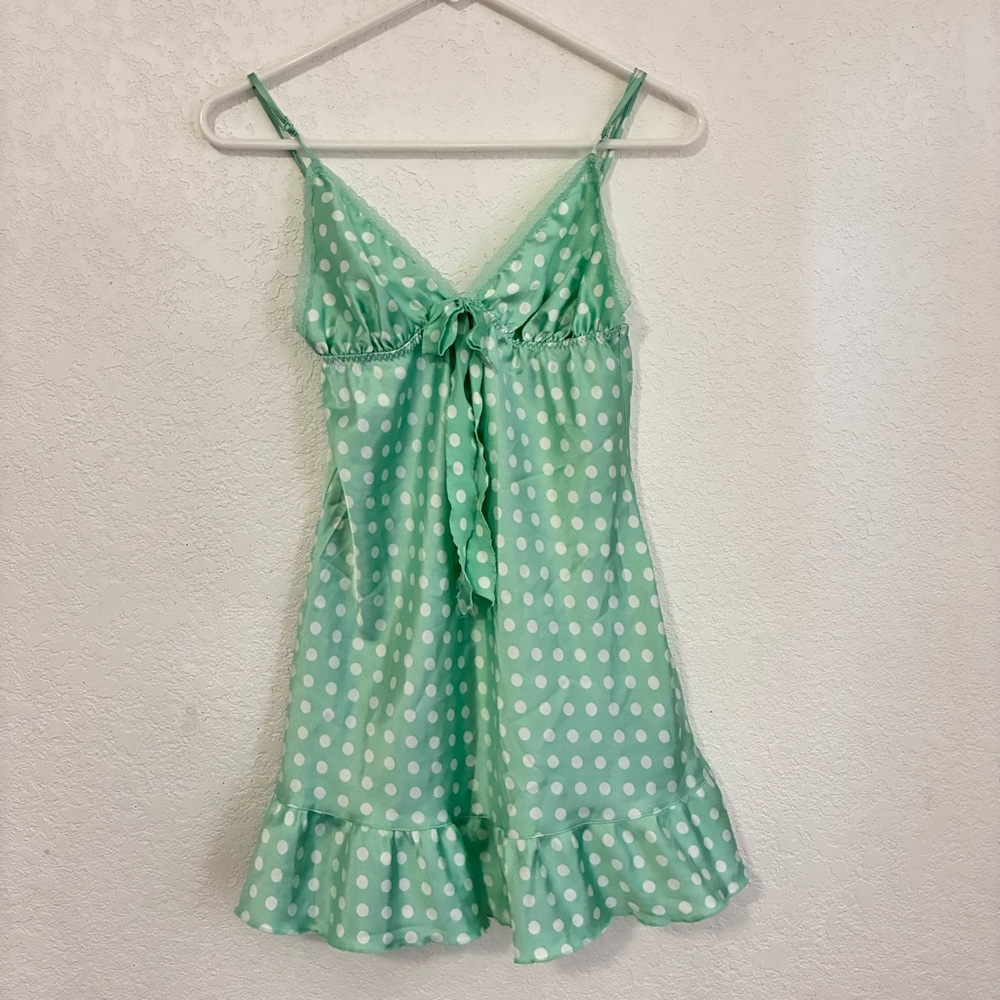 Vintage Victoria’s Secret Mint Green Polka Dot Dress / 2007 Y2K Bow Slip